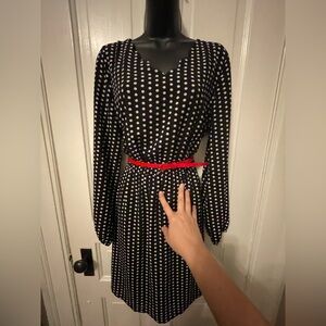 Vintage-Inspired Polka Dot Dress with Red Belt